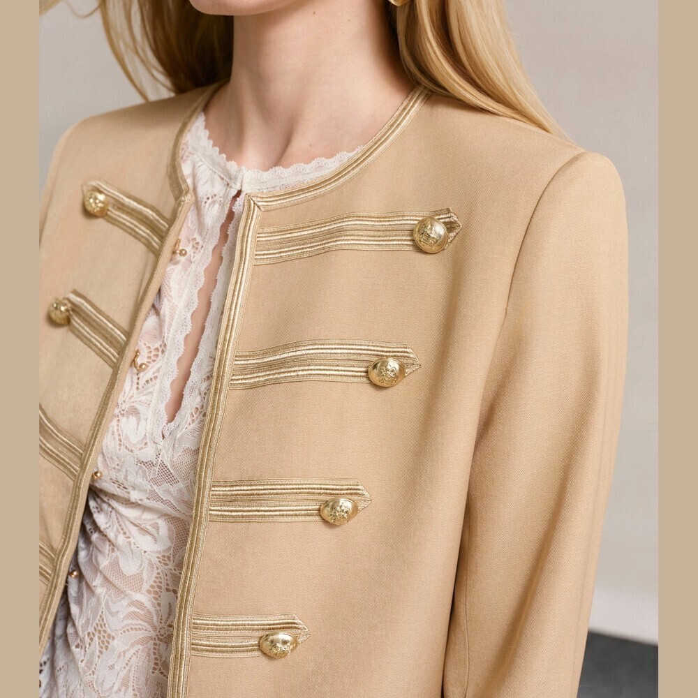 Camel Khaki Gold Braid Trim Military Style Collarless Cropped Blazer